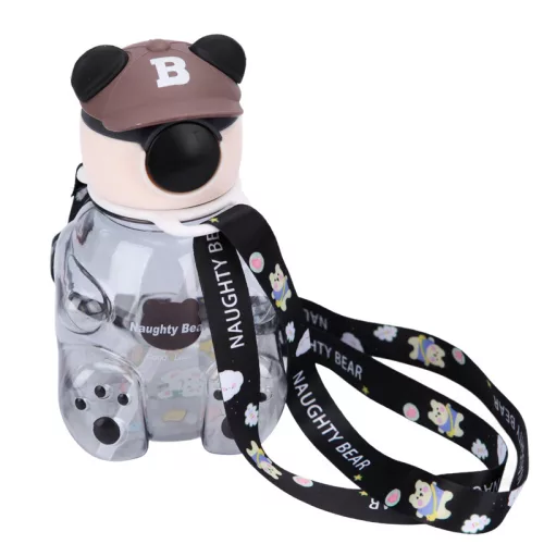 Naughty Bear 750 ml gyerek kulacs – medve formájú BPA-mentes palack szívószállal, fekete-szürke