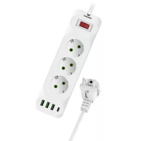   Leewello 3 aljzatos elosztó USB és Type-C csatlakozóval – túlfeszültség-védelemmel és főkapcsolóval, fehér