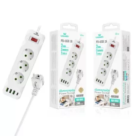   Leewello 3 aljzatos elosztó USB és Type-C csatlakozóval – túlfeszültség-védelemmel és főkapcsolóval, fehér
