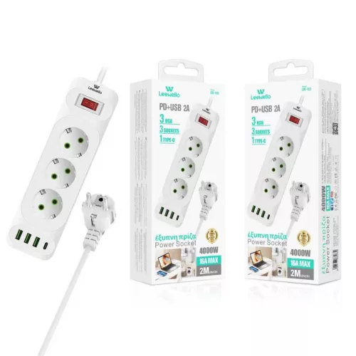 Leewello 3 aljzatos elosztó USB és Type-C csatlakozóval – túlfeszültség-védelemmel és főkapcsolóval, fehér