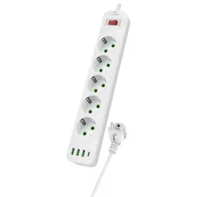   Leewello 5 aljzatos elosztó 3 USB és 1 Type-C csatlakozóval – 4000W, 16A, 2 m kábel, kapcsolóval és túlfeszültség-védelemmel, fehér