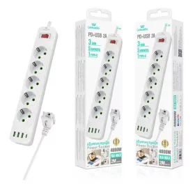   Leewello 5 aljzatos elosztó 3 USB és 1 Type-C csatlakozóval – 4000W, 16A, 2 m kábel, kapcsolóval és túlfeszültség-védelemmel, fehér