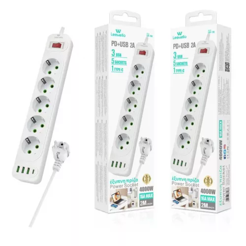 Leewello 5 aljzatos elosztó 3 USB és 1 Type-C csatlakozóval – 4000W, 16A, 2 m kábel, kapcsolóval és túlfeszültség-védelemmel, fehér