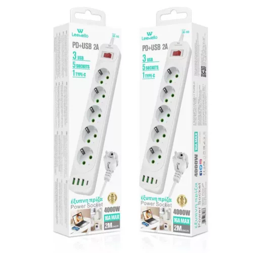 Leewello 5 aljzatos elosztó 3 USB és 1 Type-C csatlakozóval – 4000W, 16A, 2 m kábel, kapcsolóval és túlfeszültség-védelemmel, fehér