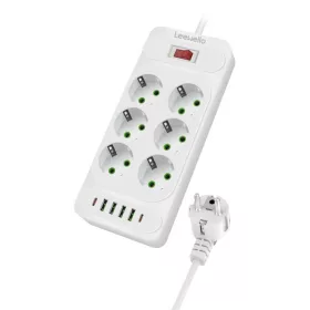   Leewello 6 aljzatos elosztó 4 USB és 2 Type-C csatlakozóval – 4000W, 16A, 2 m kábel, kapcsolóval és túlfeszültség-védelemmel, fehér