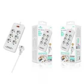   Leewello 6 aljzatos elosztó 4 USB és 2 Type-C csatlakozóval – 4000W, 16A, 2 m kábel, kapcsolóval és túlfeszültség-védelemmel, fehér