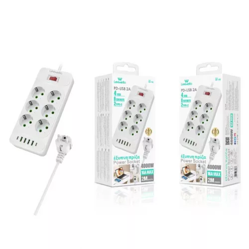 Leewello 6 aljzatos elosztó 4 USB és 2 Type-C csatlakozóval – 4000W, 16A, 2 m kábel, kapcsolóval és túlfeszültség-védelemmel, fehér
