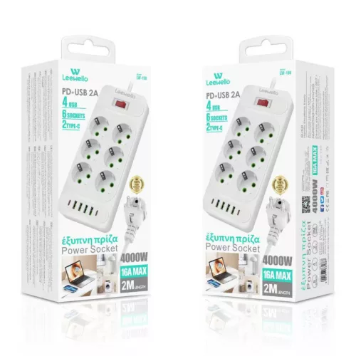 Leewello 6 aljzatos elosztó 4 USB és 2 Type-C csatlakozóval – 4000W, 16A, 2 m kábel, kapcsolóval és túlfeszültség-védelemmel, fehér