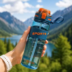   1000 ml-es szívószálas sport kulacs csuklópánttal – BPA-mentes ivópalack, sötétkék-narancs