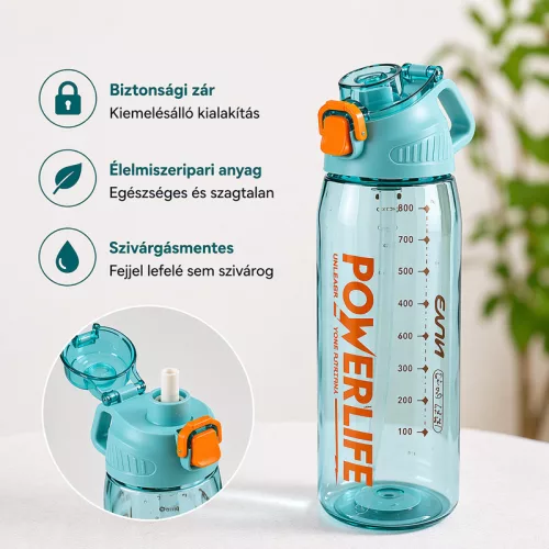 Szürke sport kulacs 1030 ml – szivárgásmentes BPA-mentes ivópalack biztonsági zárral