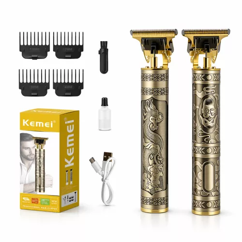 Kemei KM-T9-1 professzionális hajvágó és trimmer – vezeték nélküli T-penge, USB töltés, vintage arany dizájn