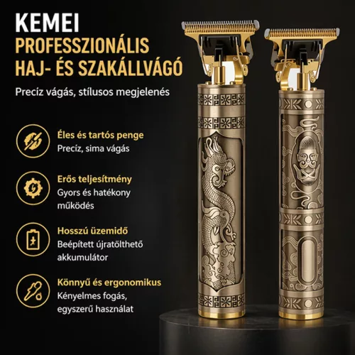 Kemei KM-T9-1 professzionális hajvágó és trimmer – vezeték nélküli T-penge, USB töltés, vintage arany dizájn