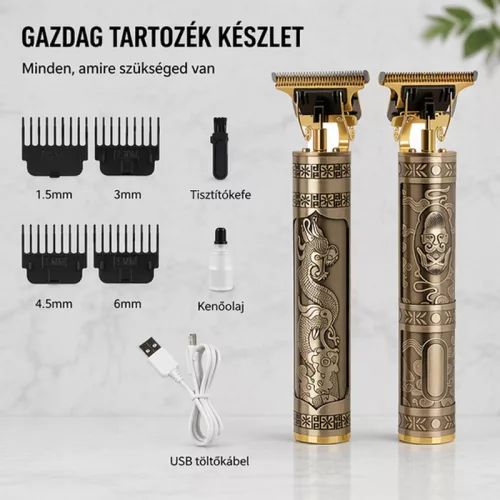Kemei KM-T9-1 professzionális hajvágó és trimmer – vezeték nélküli T-penge, USB töltés, vintage arany dizájn