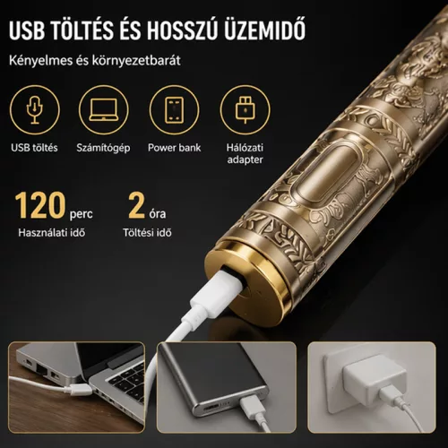 Kemei KM-T9-1 professzionális hajvágó és trimmer – vezeték nélküli T-penge, USB töltés, vintage arany dizájn