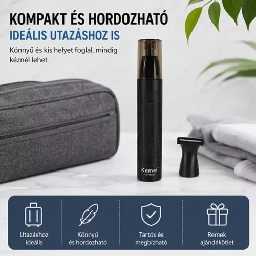 Kemei KM-1013B 2 az 1-ben orr- és szakállnyíró – vezeték nélküli trimmer cserélhető fejjel, fekete