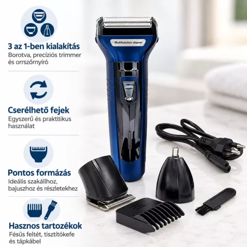 Kemei KM-6333 3 az 1-ben elektromos borotva és trimmer – cserélhető fejekkel