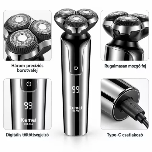 Kemei KM-774 elektromos körkéses borotva – 3 lebegő fejjel, Type-C töltéssel