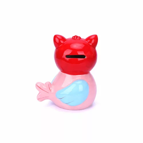 Uhu bagoly - piros és rózsaszín - 13 x 11 x 8 cm porcelán pénzgyűjtő persely