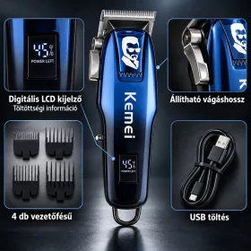  Kemei KM-709A vezeték nélküli hajvágó gép – kék, LCD kijelzővel