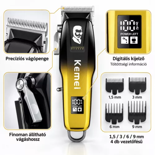 Kemei KM-709A vezeték nélküli hajvágó gép – sárga, LCD kijelzővel