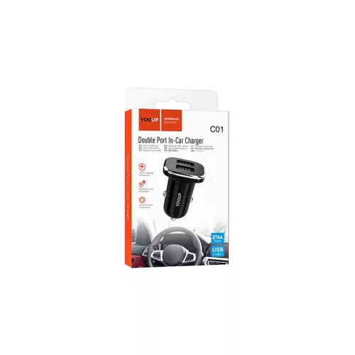 Yooup C01 Dupla USB-s autós - szivargyújtós töltő, Micro USB-s kábellel - 2,4 A